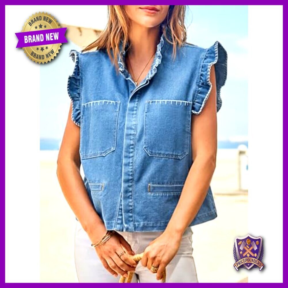 Denim Vest Ruffle Sleeve Cropped Jean Jacket Women's Casual Summer Top - Picture 5 of 7